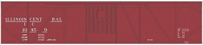 Railroad Decal Set -- Illinois Central 50′ Single-Door Single-Sheathed Boxcar (Boxcar Red, No , HO, Tichy Train Group 10224