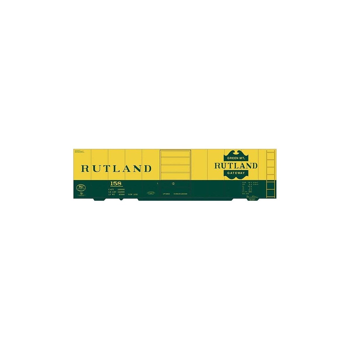 Railroad Decal Set -- Rutland 40′ Steel Boxcar (green, yellow car), HO, Tichy Train Group 10293