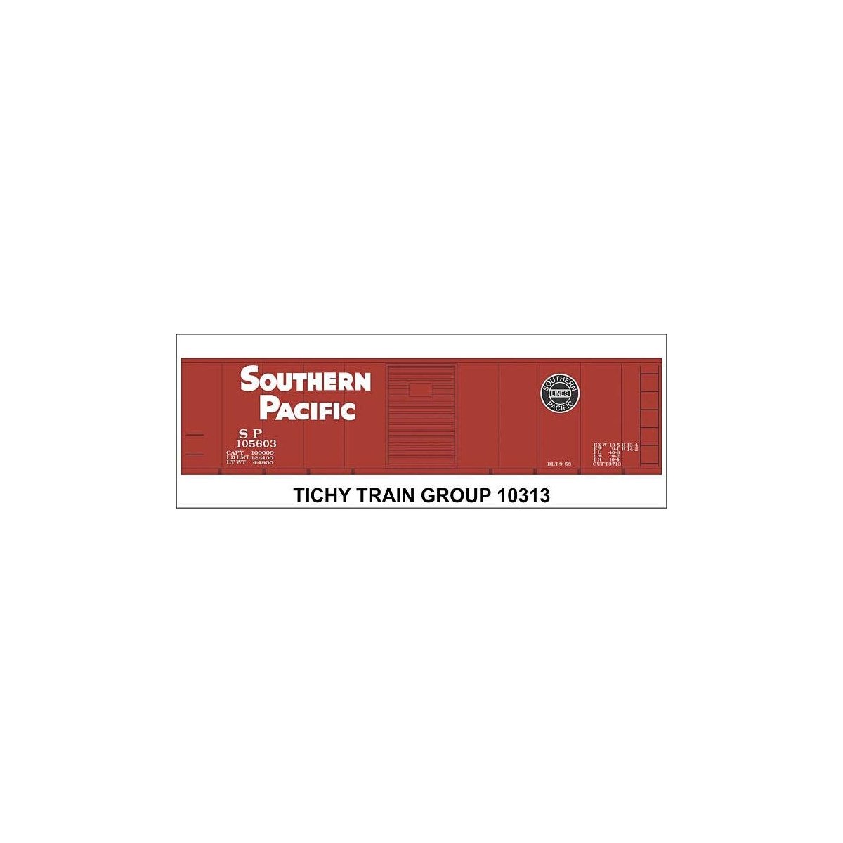 Railroad Decal Set -- Southern Pacific 40′ Steel Boxcar (Sans Serif Lettering, black Lines Log, N, Tichy Train Group 10313N