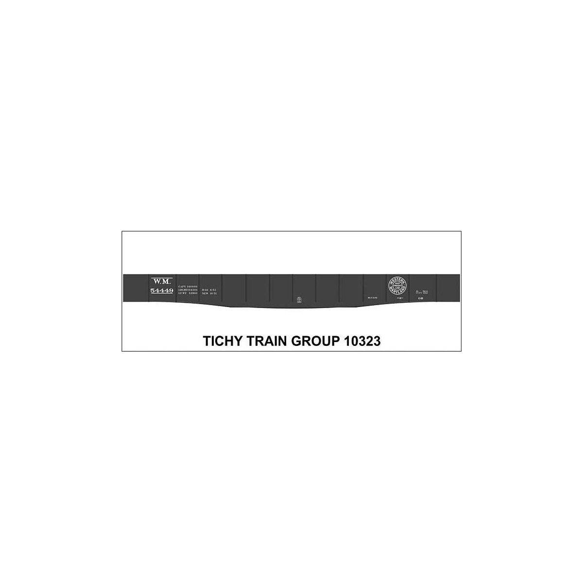 Railroad Decal Set -- Western Maryland 1939 52′ Steel Gondola with Fishbelly Sill, HO, Tichy Train Group 10323
