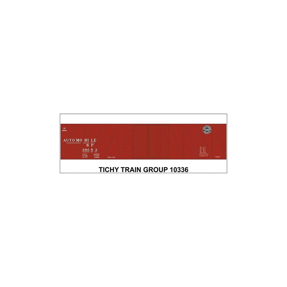 Railroad Decal Set -- Southern Pacific 50′ 1-1/2-Door Wood Boxcar (Automobile Service, Lines L, HO, Tichy Train Group 10336