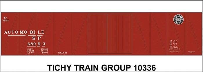 Railroad Decal Set -- Southern Pacific 50′ 1-1/2-Door Wood Boxcar (Automobile Service, Lines L, HO, Tichy Train Group 10336