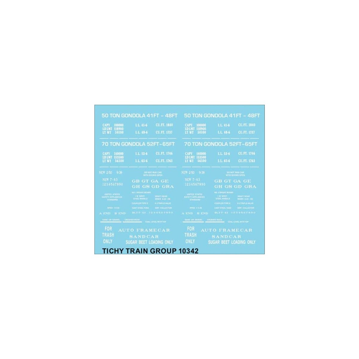 Railroad Decal Set -- Generic 41`, 48`, 52 and 64 Steel Gondola Data (white lettering), N, Tichy Train Group 10342N