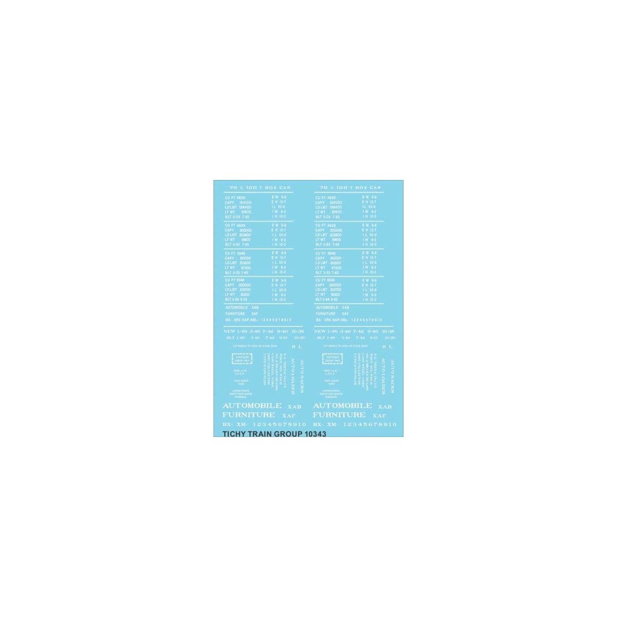 Railroad Decal Set -- Generic 50′ 70- & 100-Ton Steel Boxcar Data (White Lettering), HO, Tichy Train Group 10343