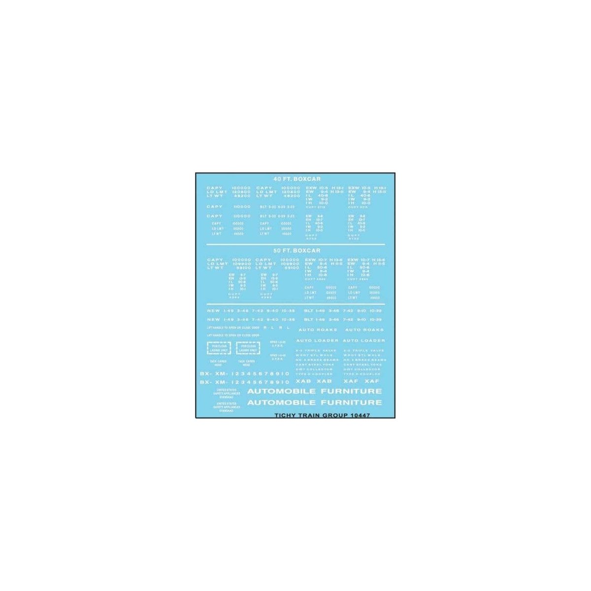 Railroad Decal Set -- 40`, 50` Boxcar Data, Gothic Lettering (white), HO, Tichy Train Group 10447