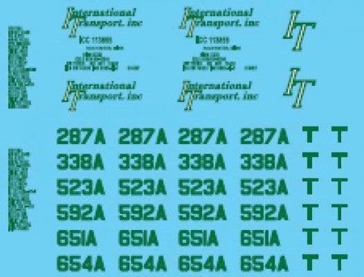 Vehicle Decal Set -- International Transport (green), HO, Lonestar Models 12026