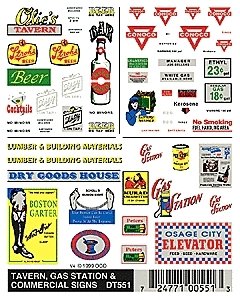 Dry Transfer Signs -- Tavern, Gas STation & Commercial, HO, Woodland Scenics 551