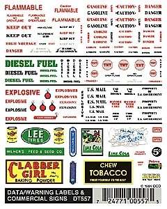 Dry Transfer Signs -- Data/Warning Labels & Commerical Signs, HO, Woodland Scenics 557