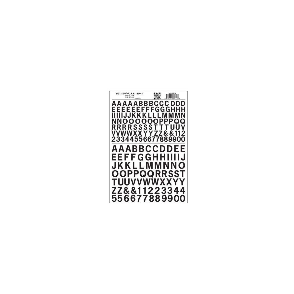 Dry Transfer Alphabet & Numbers - Railroad Gothic - 3/8 & 1/2′ 1 & 1.3cm -- Black, All Scales, Woodland Scenics 732