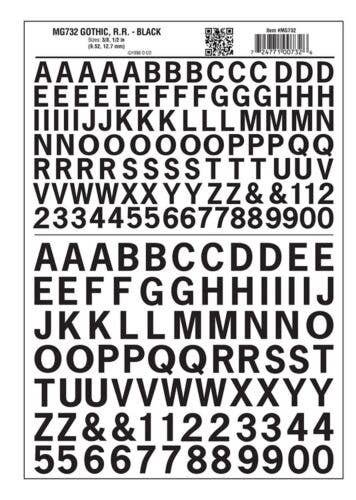 Dry Transfer Alphabet & Numbers - Railroad Gothic - 3/8 & 1/2′ 1 & 1.3cm -- Black, All Scales, Woodland Scenics 732