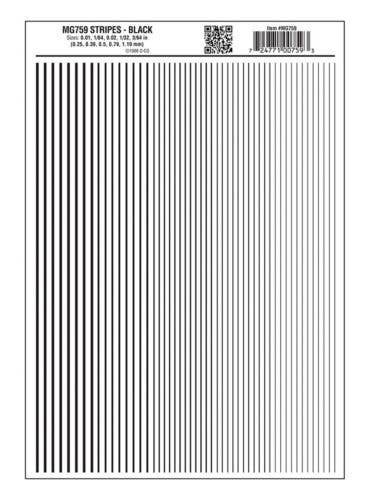 Dry Transfer Stripes - .010, 1/64, .022, 1/32 & 3/64′ Wide -- Black, All Scales, Woodland Scenics 759