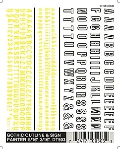Dry Transfer Alphabet & Number Sets -- Gothic Outline (white) & Sign Painter (yellow) Typ, All Scales, Woodland Scenics 503