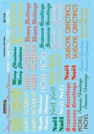 Christmas Train Graphic Decals -- Holiday Greetings (red, white, gold, green, blue), HO, Microscale Industries Inc 871118