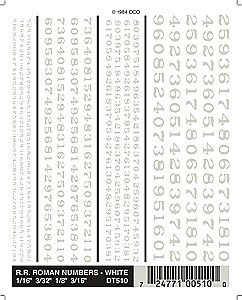 Dry Transfer Alphabet & Number Sets -- Railroad Roman Type Face - Numbers Only (white), All Scales, Woodland Scenics 510