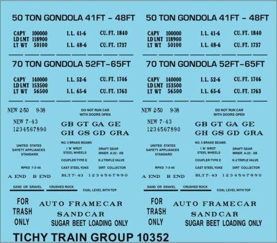 Railroad Decal Set -- 41`, 48`, 52` and 65` Steel Gondola Data (black), N, Tichy Train Group 10352N