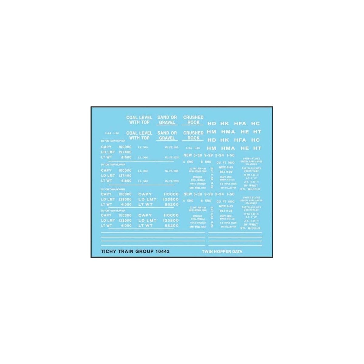 Railroad Decal Set -- 2-Bay Twin Hopper Data, Gothic Lettering (white), HO, Tichy Train Group 10443