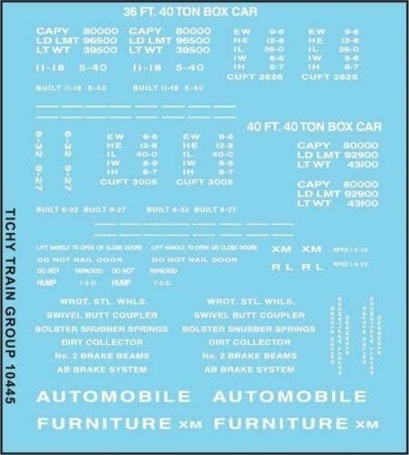 Railroad Decal Set -- 36`, 40` Boxcar Data, Gothic Lettering (white), HO, Tichy Train Group 10445