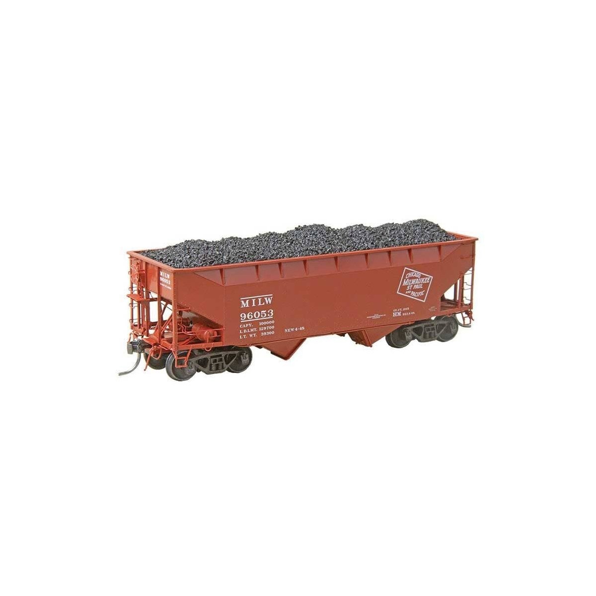 50-Ton AAR Standard Offset 2-Bay Open Hopper w/Coal Load - Ready to Run -- Milwaukee Road 96053 (As Delivered, 1948, Boxcar Red,