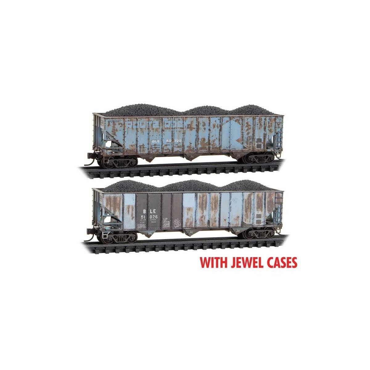 100-Ton 3-Bay Ribside Open Hopper w/Coal Load 2-Pack - Ready to Run -- Bessemer & Lake Erie 51026, 50772 (Weathered, Ex-RI, blue