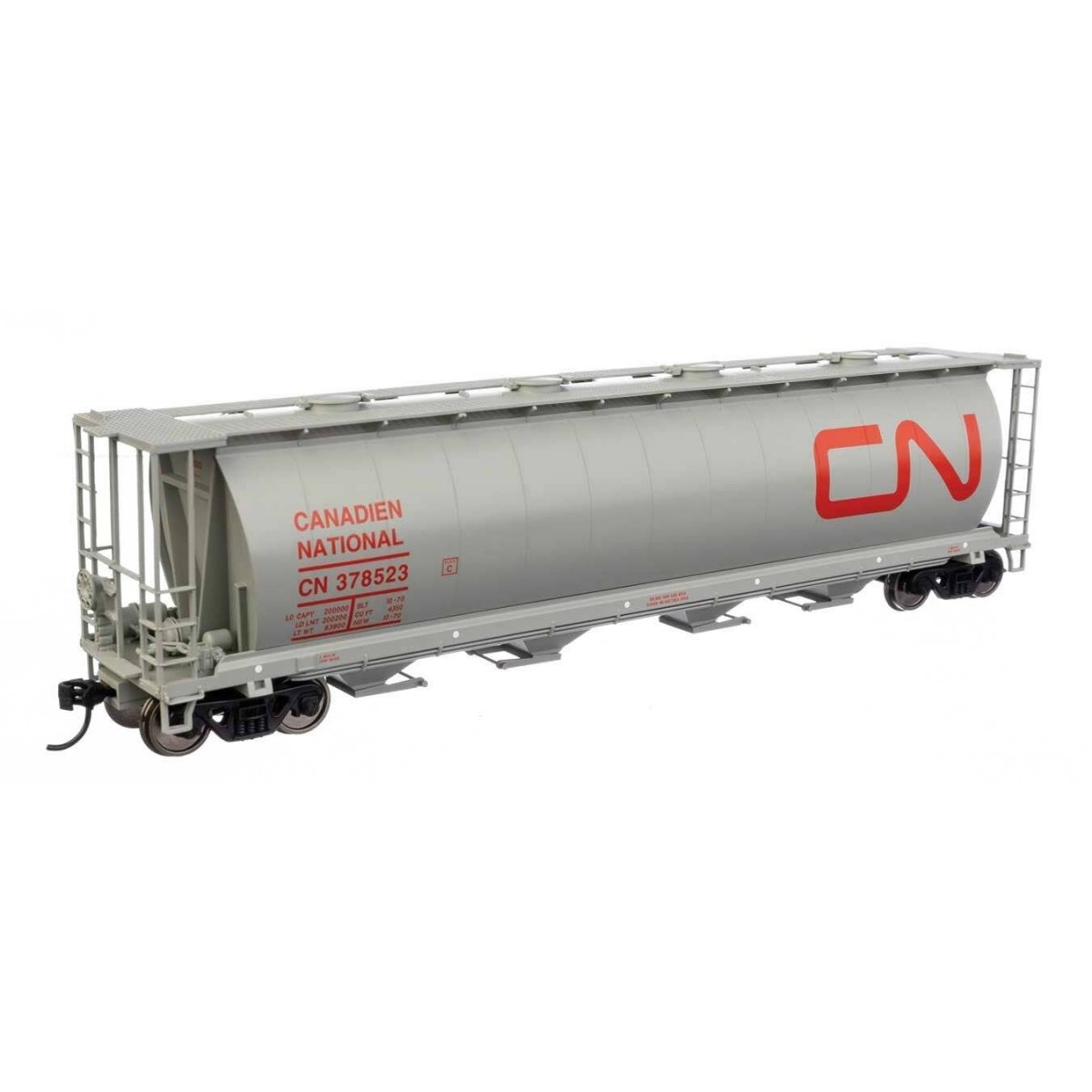 59′ Cylindrical Hopper - Ready to Run -- Canadian National 378523 (gray, red English & French name, round hatches)