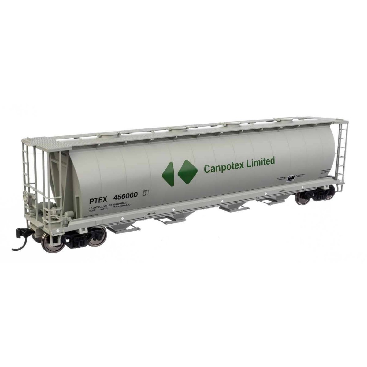 59′ Cylindrical Hopper - Ready to Run -- Canpotex Ltd PTEX 456060 (white, green, black, round hatches)