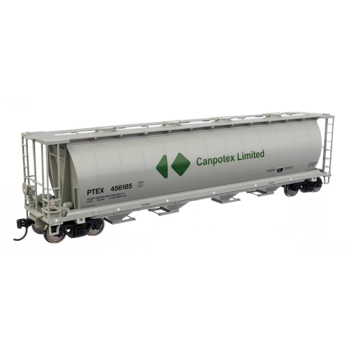 59′ Cylindrical Hopper - Ready to Run -- Canpotex Ltd PTEX 456185 (white, green, black, round hatches)