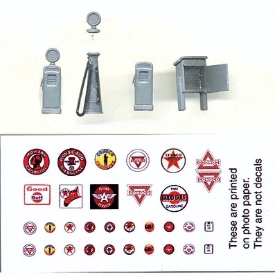 Gas Pump Set -- 1 Each of 3 Styles w/Printed Gas Logo Sheet, HO, Grandt Line Products Inc 5314