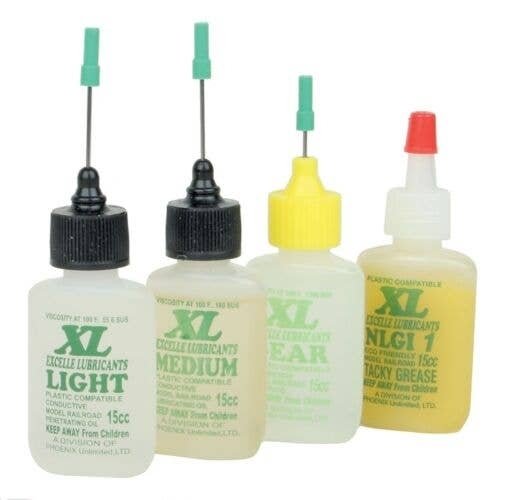XL Lube Kit for HO & S Scales -- One 1/2oz 14.8mL Bottle Each: Light, Medium, Gear & , All Scales, Excelle Lubricants 5678