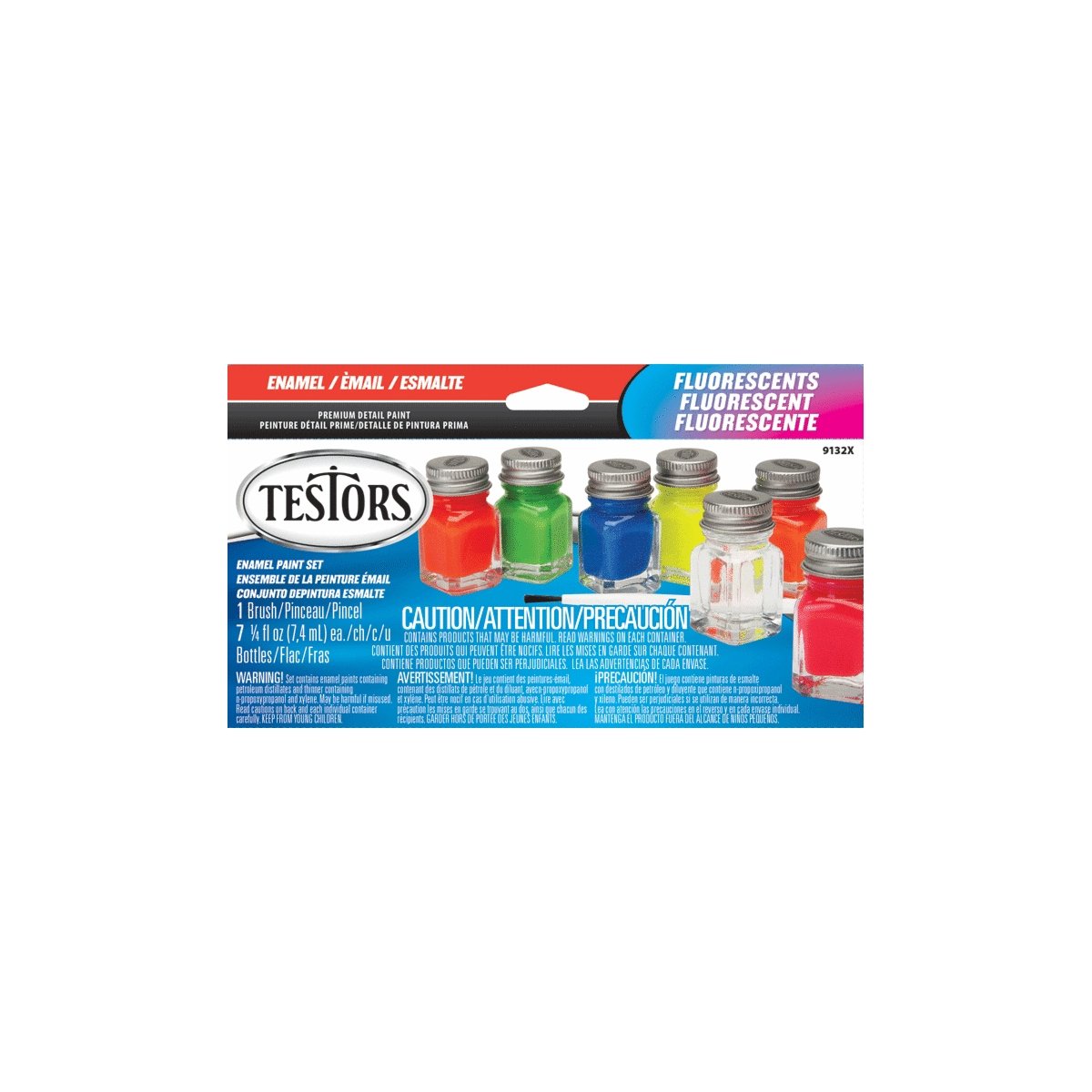 Enamel Paint Sets -- 6 Flourescent Colors, 1 Thinner, 1 Paint Brush, 1 Tray, All Scales, Testor Corp 9132