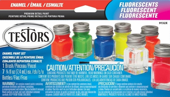 Enamel Paint Sets -- 6 Flourescent Colors, 1 Thinner, 1 Paint Brush, 1 Tray, All Scales, Testor Corp 9132