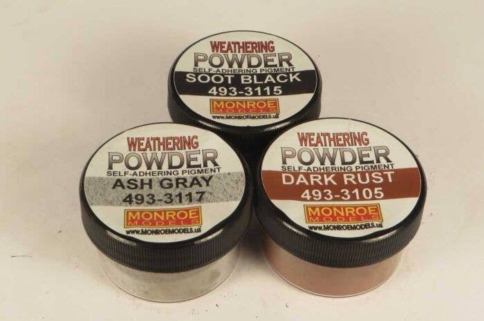 Grime & Rust Weathering Powder Set -- 1 Each: Soot Black, Ash Gray, Dark Rust, HO, Monroe Models 2913