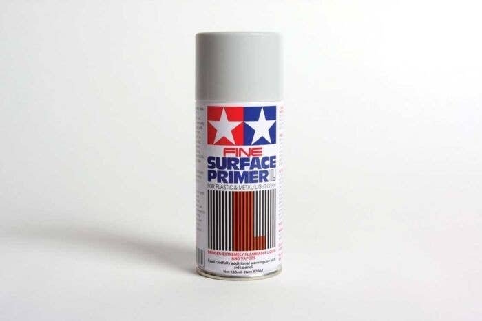Fine Surface Primer L For Styrene & ABS Plastic -- Spray Can - Light Gray - 6.1oz 100mL, All Scales, Tamiya Paints 87064