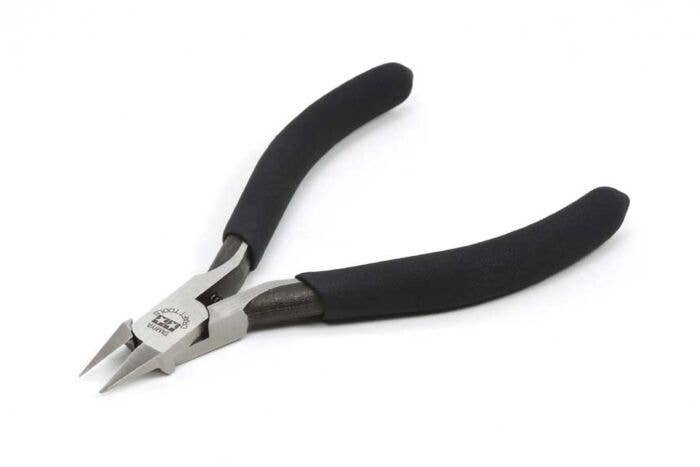 Sharp-Pointed Side Cutter for Plastic Sprues -- Black PVC Grip, All Scales, Tamiya Paints 74123