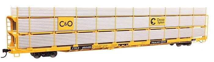89′ Flatcar w/Tri-Level Shielded Auto Rack - Ready to Run -- Chesapeake & Ohio 850485, TTKX Flat, HO, WalthersMainline 8307