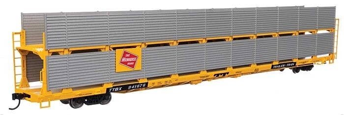 89′ Flatcar w/Bi-Level Shielded Auto Rack - Ready to Run -- Milwaukee Road Rack / Trailer-Train , HO, WalthersMainline 8119