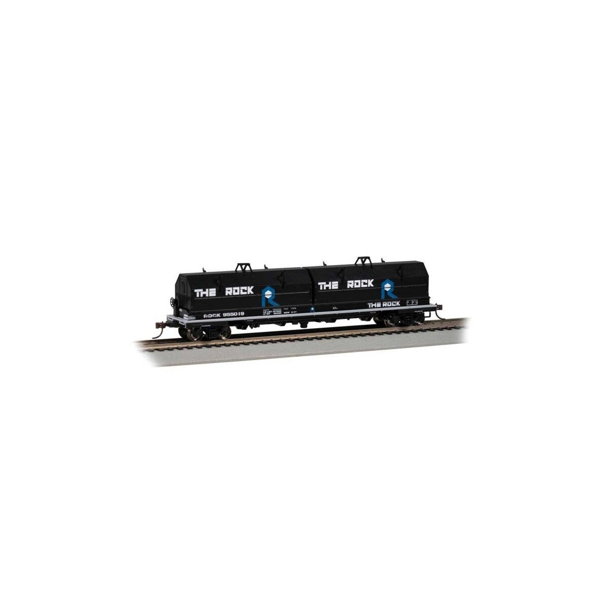 55′ Coil Car with Angled Hoods and Load - Ready to Run -- Rock Island 955019 (black, blue, w, HO, Bachmann Industries 71428