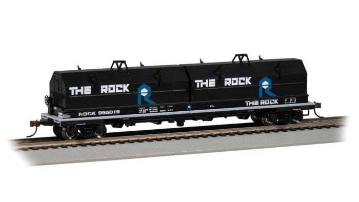 55′ Coil Car with Angled Hoods and Load - Ready to Run -- Rock Island 955019 (black, blue, w, HO, Bachmann Industries 71428