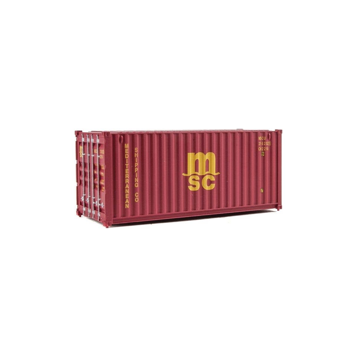 20′ Corrugated Container - Assembled -- Mediterranean Shipping Co. (MSC) (red), HO, Walthers SceneMaster 8059