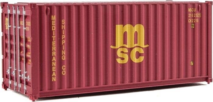 20′ Corrugated Container - Assembled -- Mediterranean Shipping Co. (MSC) (red), HO, Walthers SceneMaster 8059
