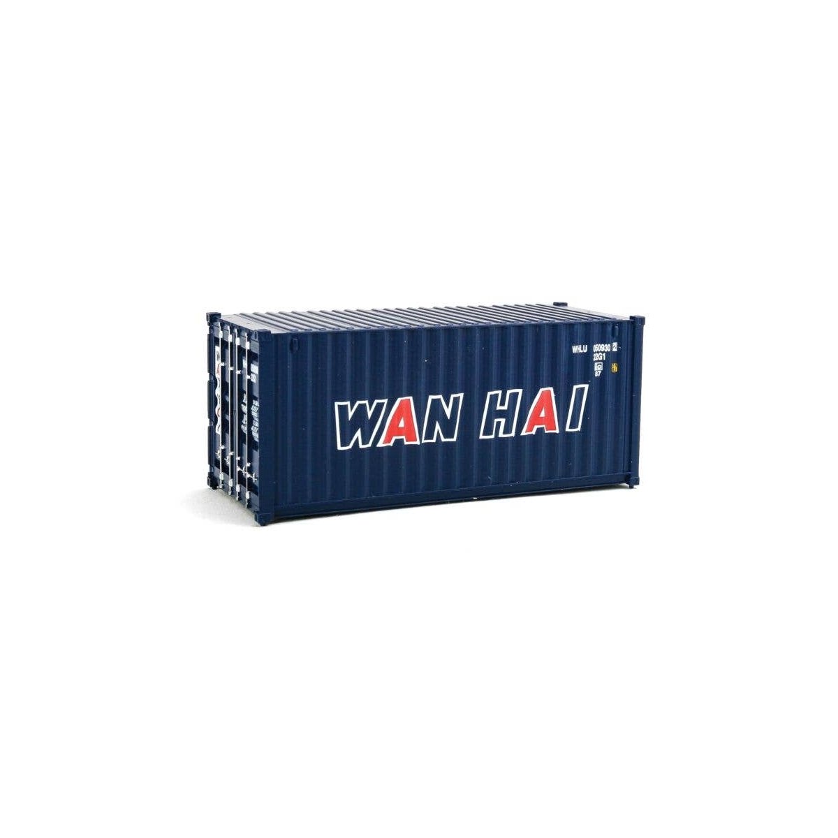 20′ Corrugated Container - Assembled -- Wan Hai (blue, white, red A Lettering), HO, Walthers SceneMaster 8066