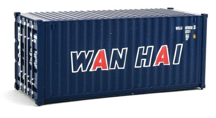 20′ Corrugated Container - Assembled -- Wan Hai (blue, white, red A Lettering), HO, Walthers SceneMaster 8066