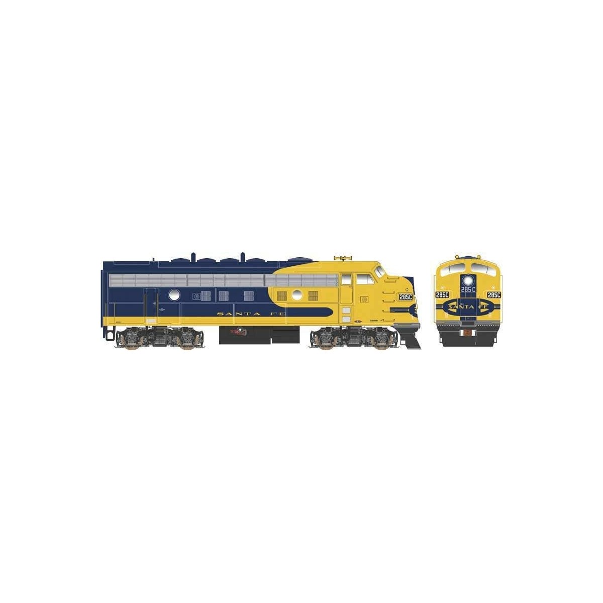 EMD F9A - Standard DC - Executive Line -- Santa Fe 285 (Warbonnet, blue, yellow, blue Nose Stripe)