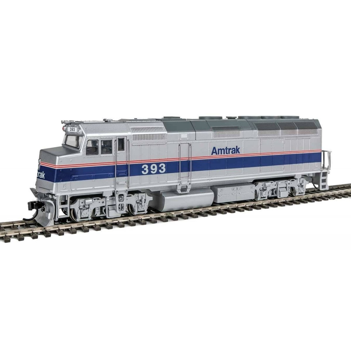 EMD F40PH - Standard DC -- Amtrak(R) 393 (Phase IV silver, Wide Blue, Thin Red, White Stripes)