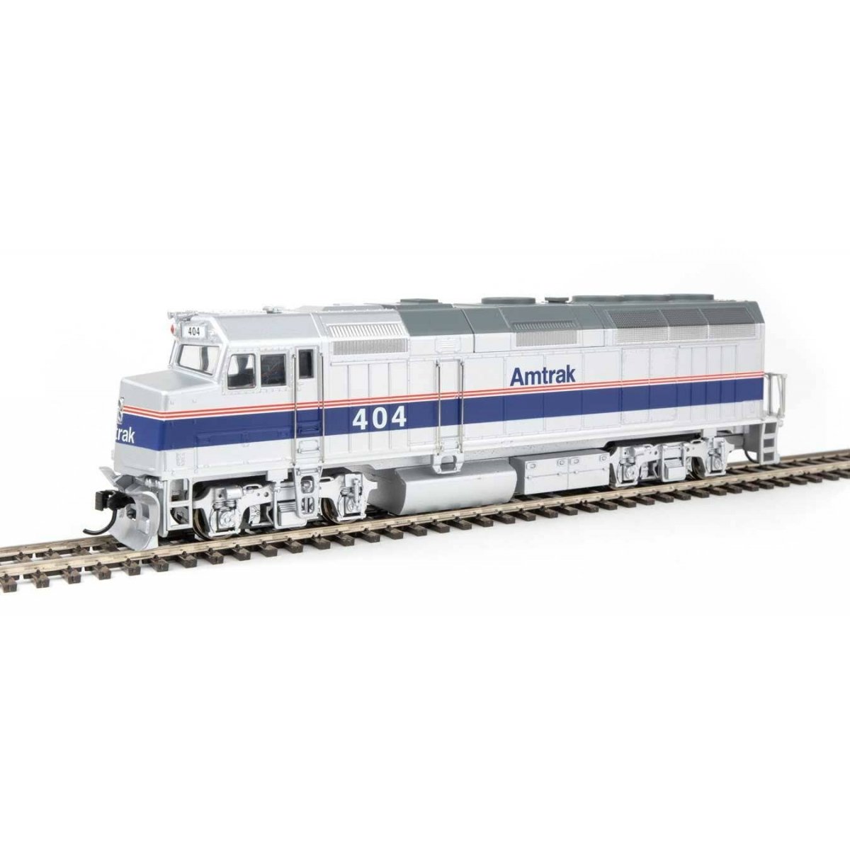 EMD F40PH - Standard DC -- Amtrak(R) 404 (Phase IV silver, Wide Blue, Thin Red, White Stripes)
