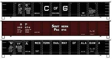 AAR 41′ Steel Gondola 3-Pack - Kit -- Central of Georgia 18300, Southern Pacific 363874, Western Ry , HO, Accurail Inc 8173