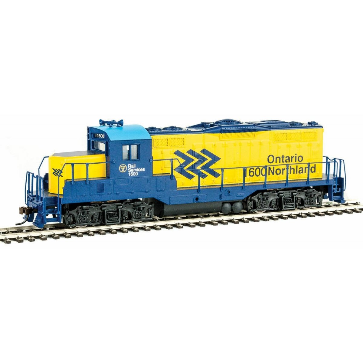 EMD GP9M - Standard DC -- Ontario Northland 1600 (yellow, blue Chevrons Logo)