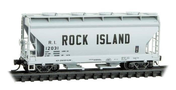 ACF 39′ 2-Bay Center-Flow Covered Hopper - Round Hatches - Ready to Run -- Rock Island 12031 , N, Micro Trains Line 9200630