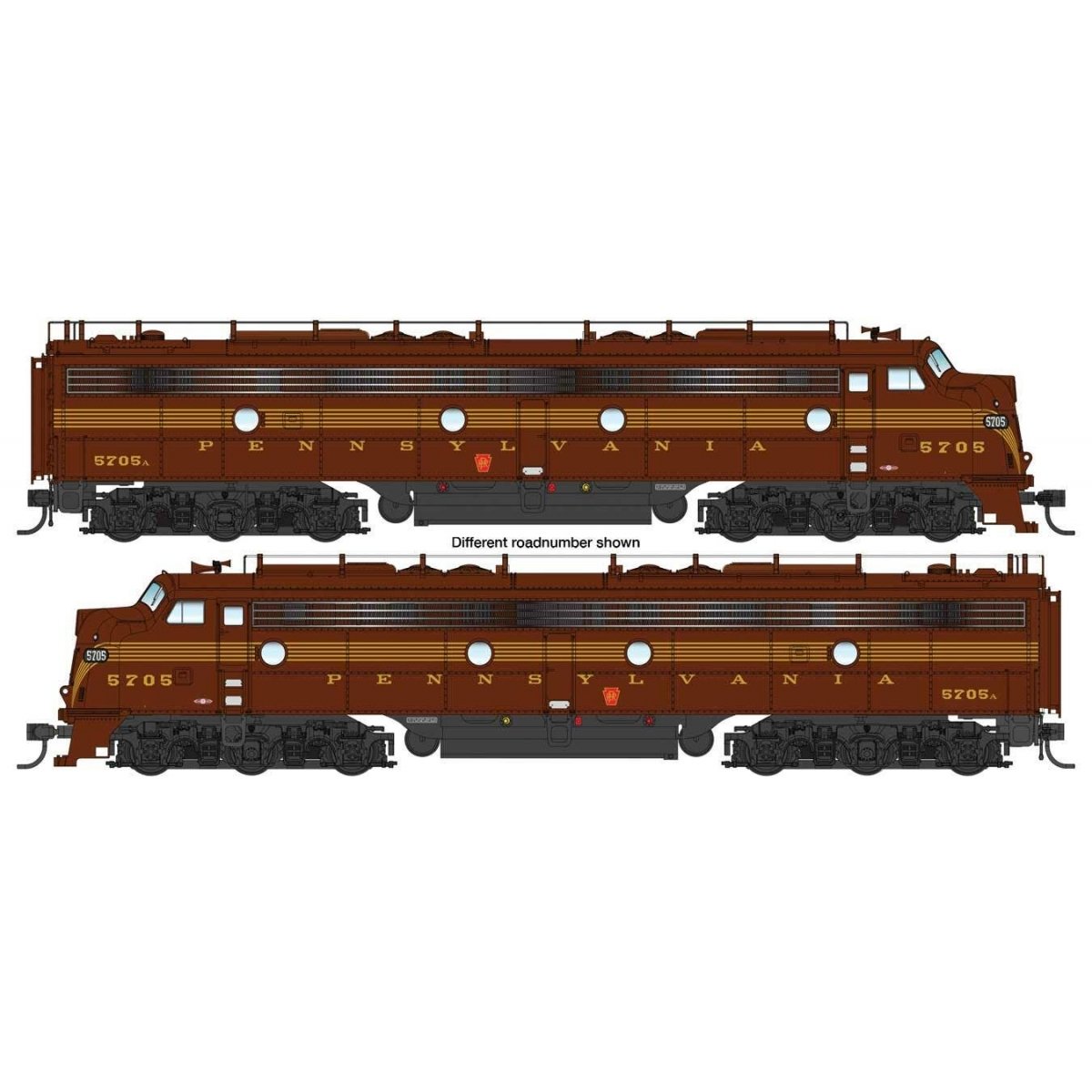 EMD E8 A-A - Standard DC -- Pennsylvania Railroad 5798A, 5715 (Class EP-22 Tuscan, Five-Stripe)
