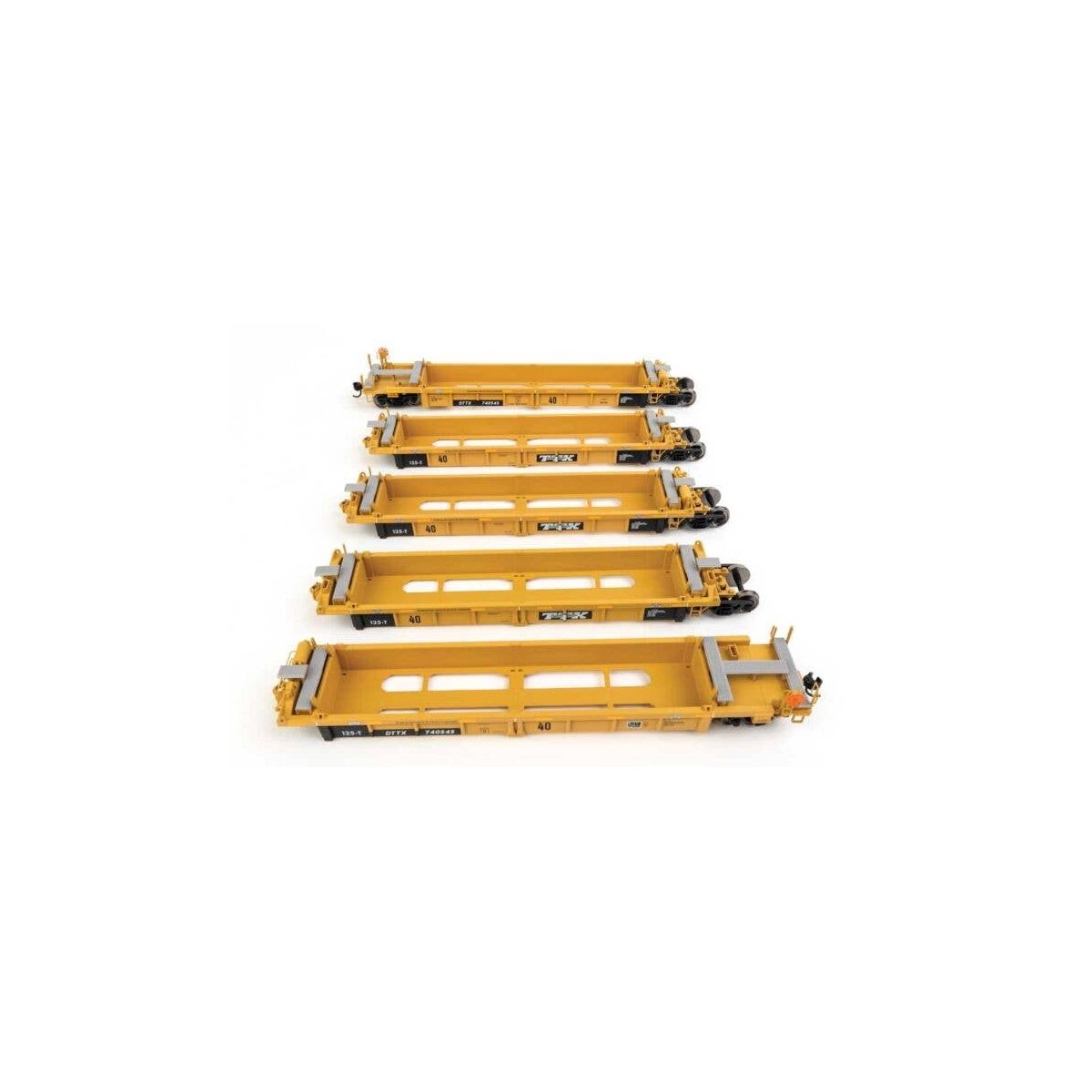 Thrall 5-Unit Rebuilt 40′ Well Car - Ready to Run -- TTX DTTX 740545 - black & white TTX logo, HO, WalthersMainline 55664