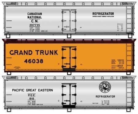 40′ Wood Reefer 3-Pack - Kit -- 1 Each Canadian National 207735, Grand Trunk 46038, Pacific Great Ea, HO, Accurail Inc 8180